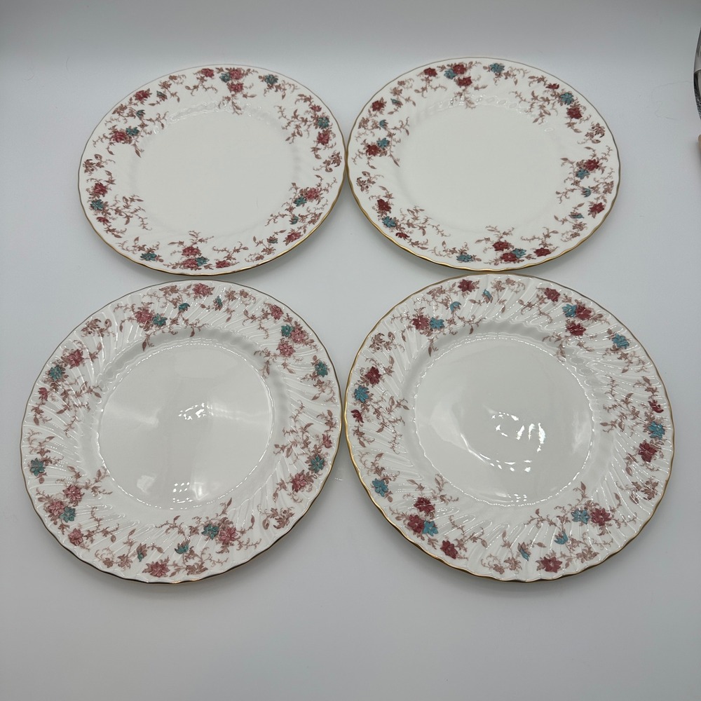 Minton Ancestral S-376 Bone China Dinner Plate Set of 4 Pink Teal Floral 10.5 in